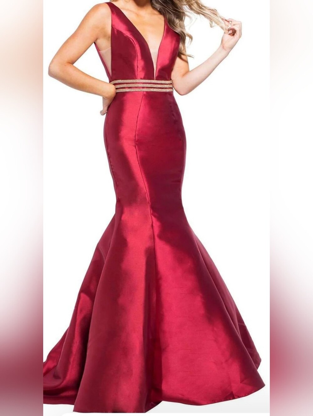 Jovani Red Satin Mermaid Gown with Gold Waistband
